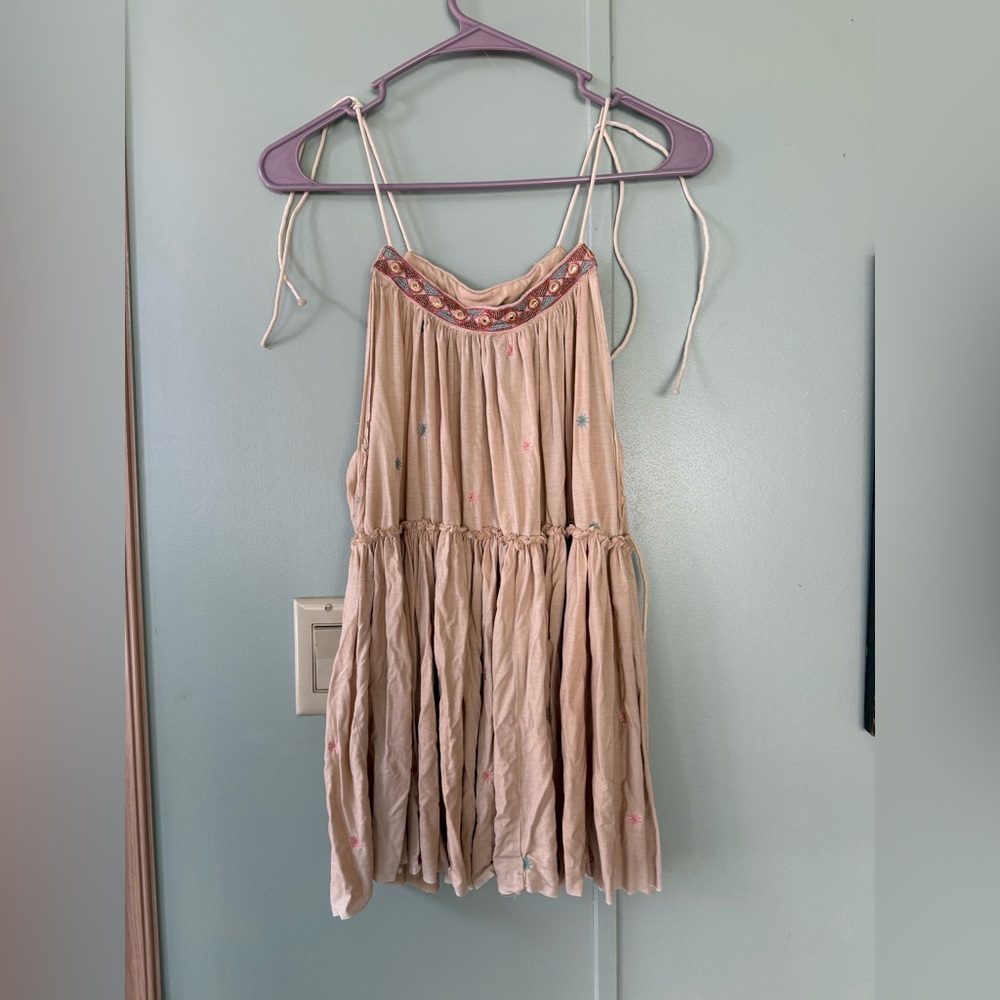 POL Beige Embroidered Boho Tie-Strap Sleeveless Tank Top Size S Super Cute